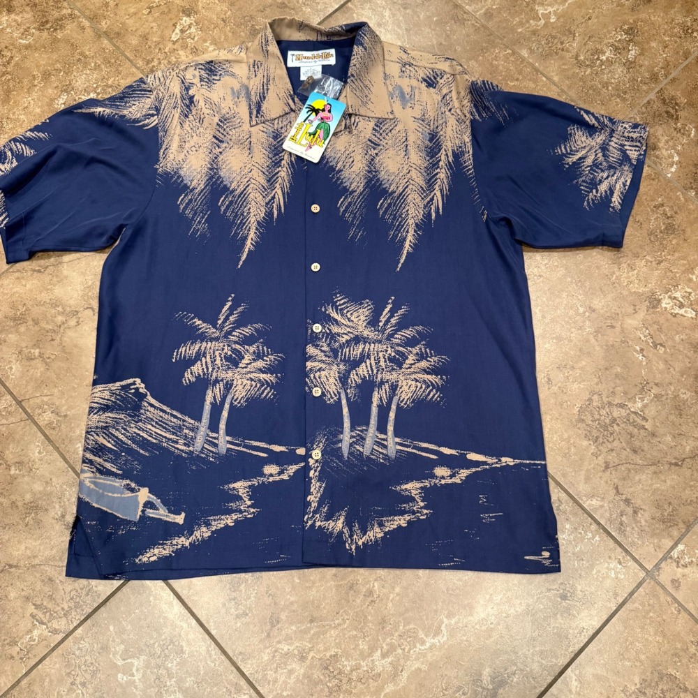 Honolulu Lulu Mens Silk Hawaiian Shirt Blue Palm Tree Island Print Large NWT